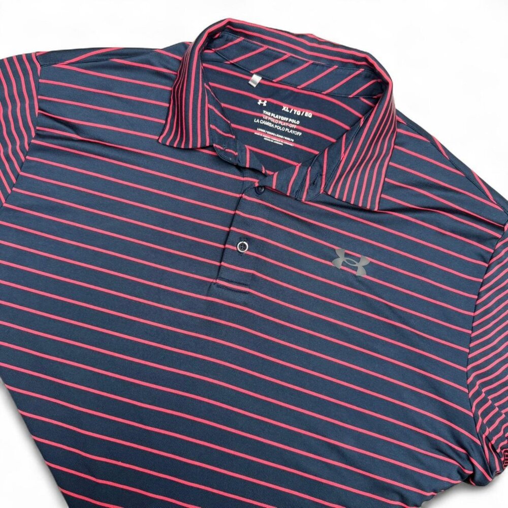 Under Armour UA Playoff 2.0 Golf Polo Shirt Size XL Blue Pink Striped 1327037